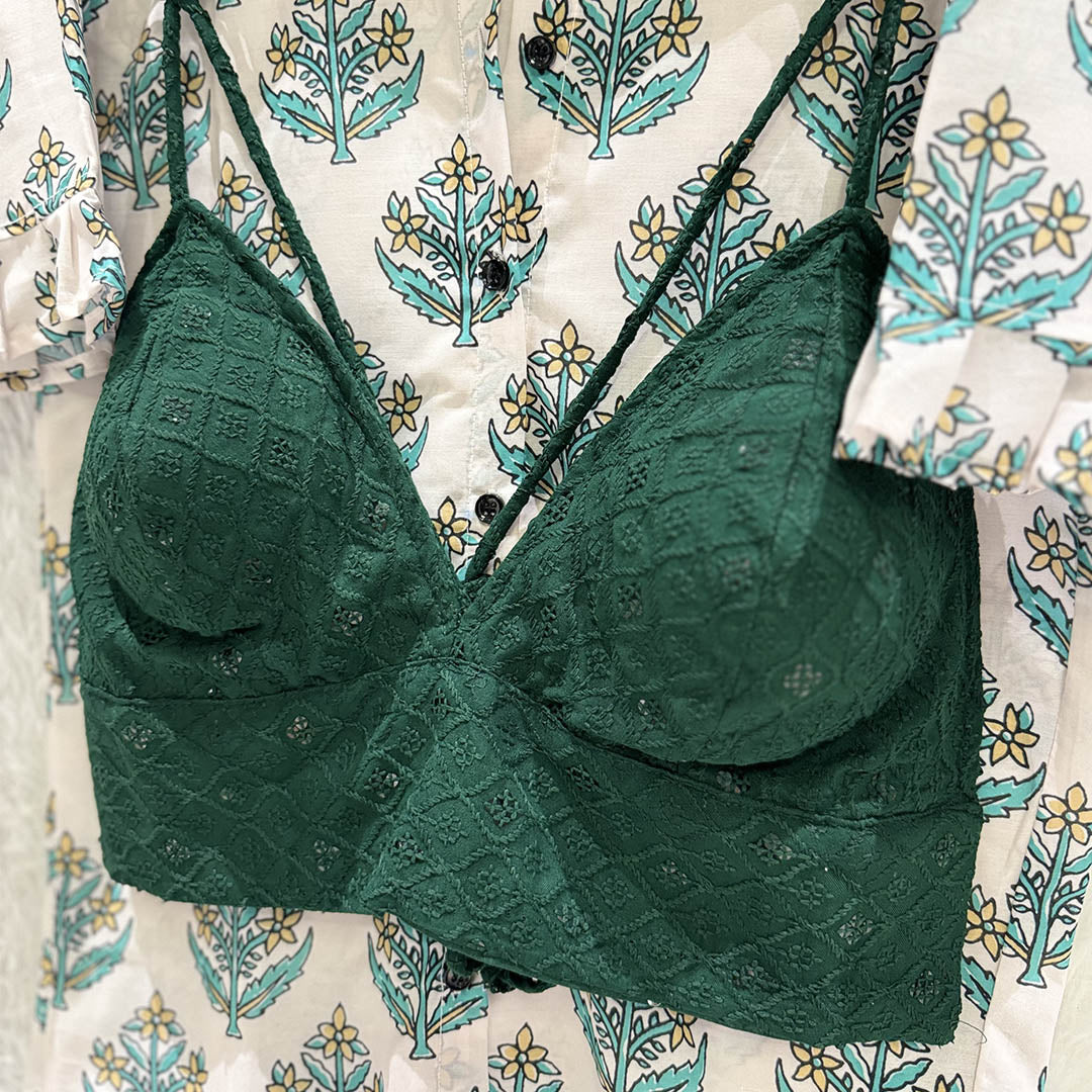 Biege Cotton printed Shirt & Green Chikan Bra Combo