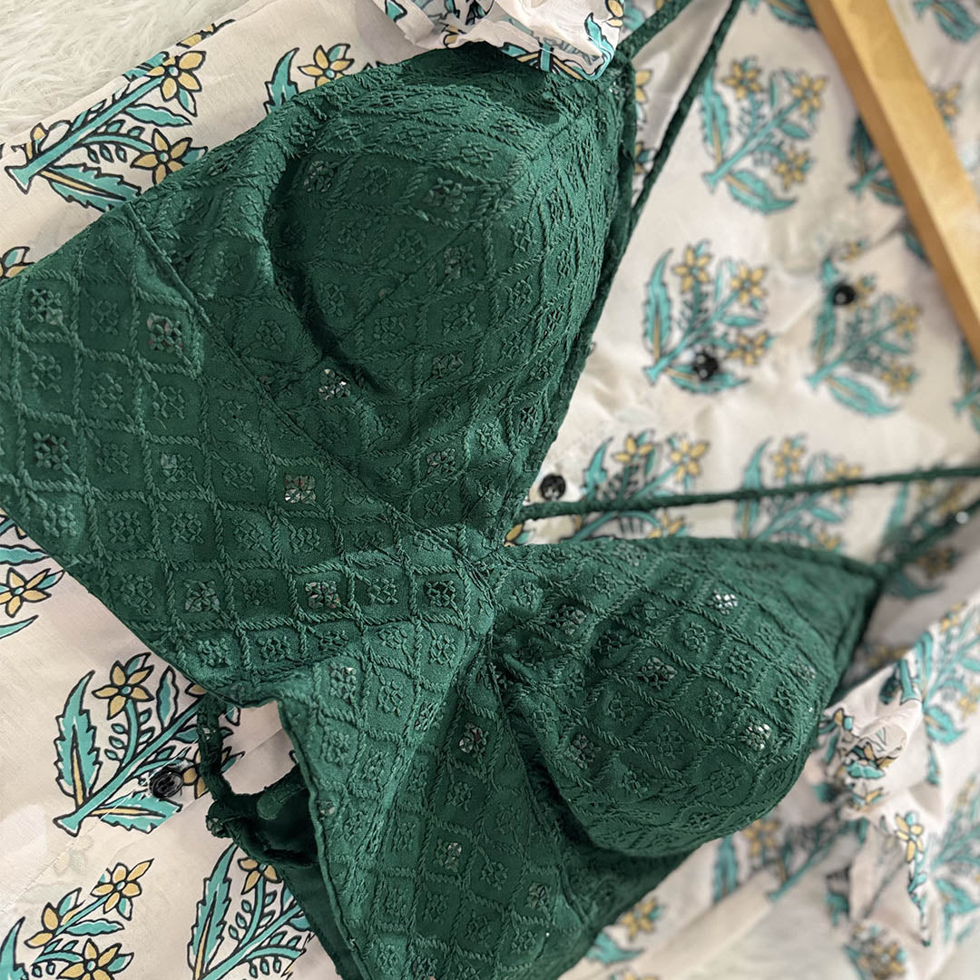 Biege Cotton printed Shirt & Green Chikan Bra Combo