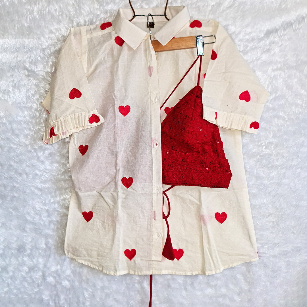 Heart Embroidered Cotton Shirt with Red Chikan Bra Combo