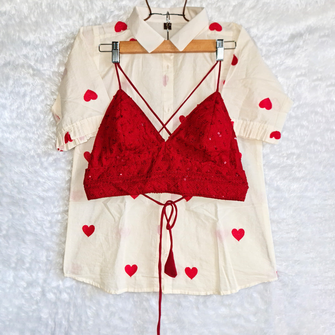 Heart Embroidered Cotton Shirt with Red Chikan Bra Combo