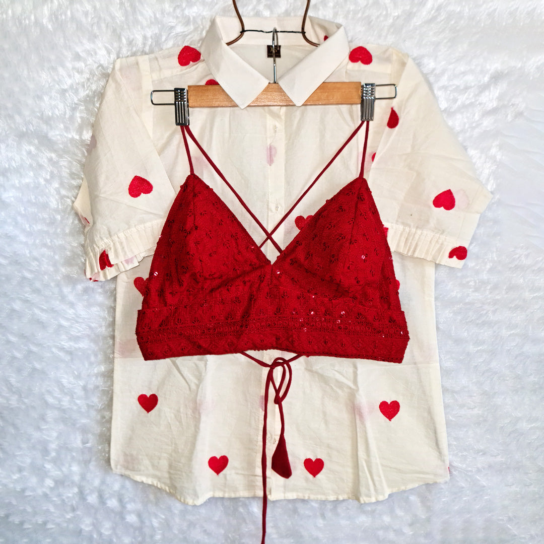 Heart Embroidered Cotton Shirt with Red Chikan Bra Combo