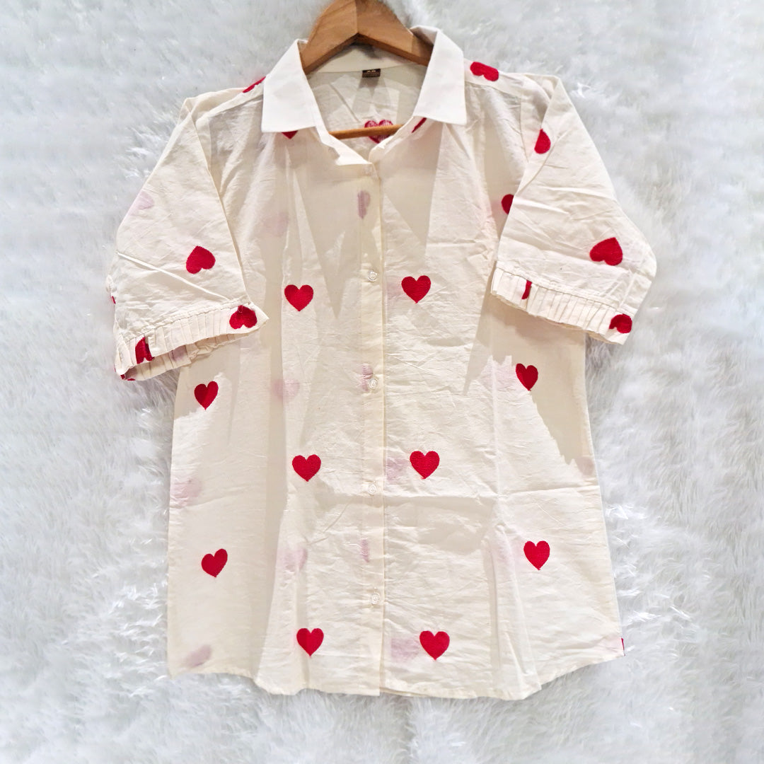 Heart Embroidered Cotton Shirt with Red Chikan Bra Combo