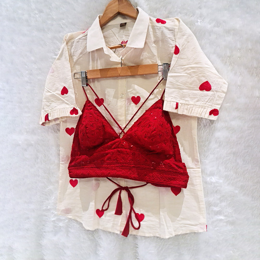 Heart Embroidered Cotton Shirt with Red Chikan Bra Combo