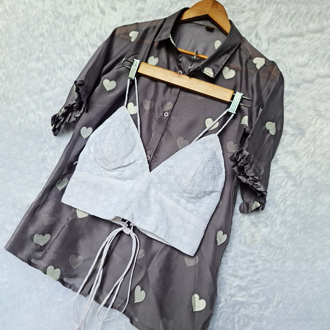 Dark Grey Heart Embroidery Chiffon Shirt & White Chikan Bra Combo