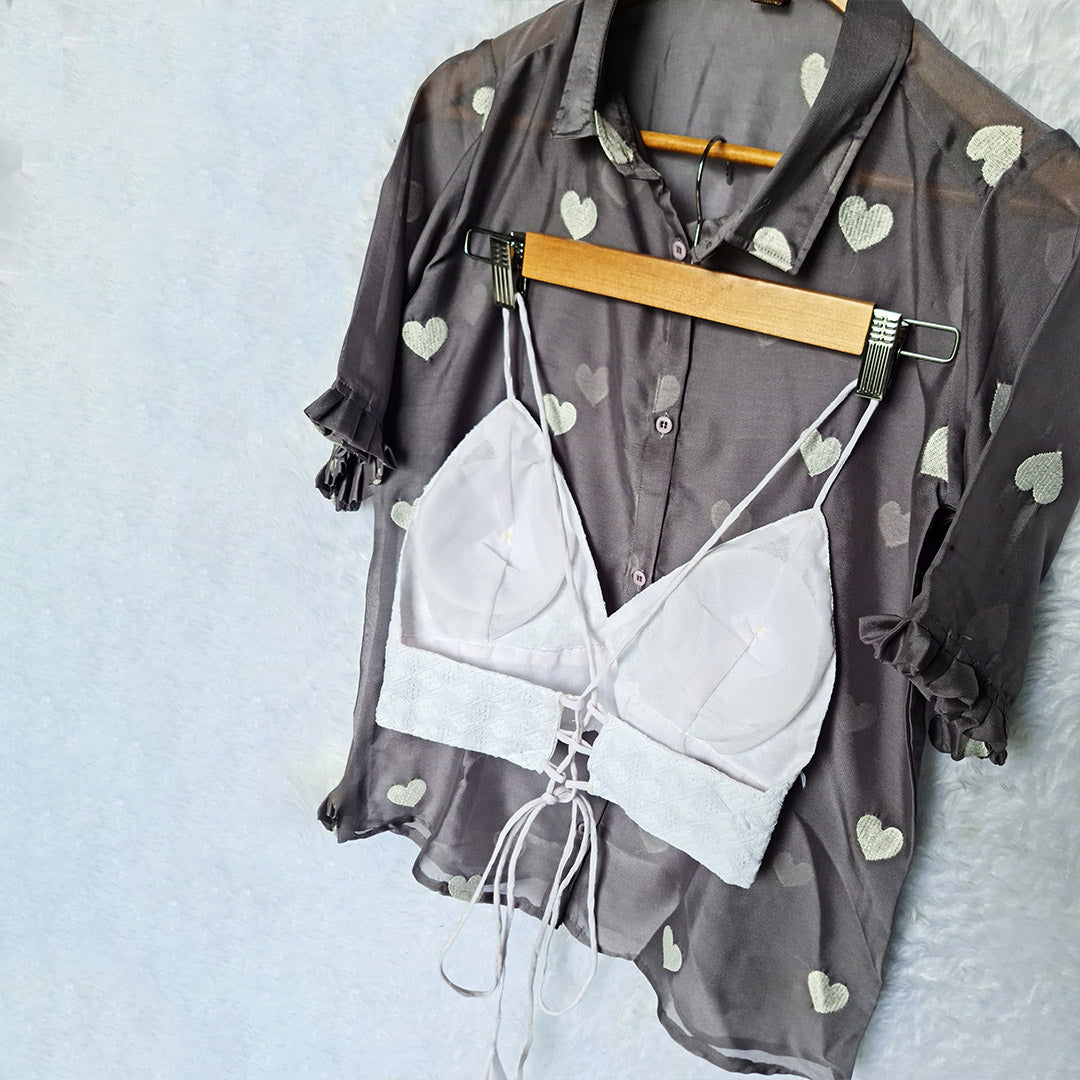 Dark Grey Heart Embroidery Chiffon Shirt & White Chikan Bra Combo