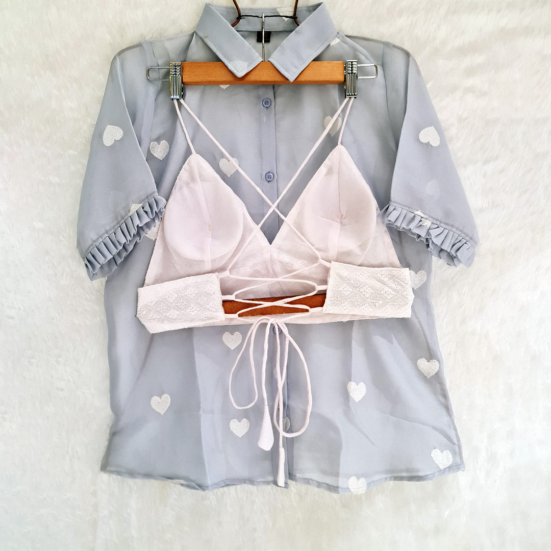 Light Grey Heart Embroidery Chiffon Shirt & White Chikan Bra Combo