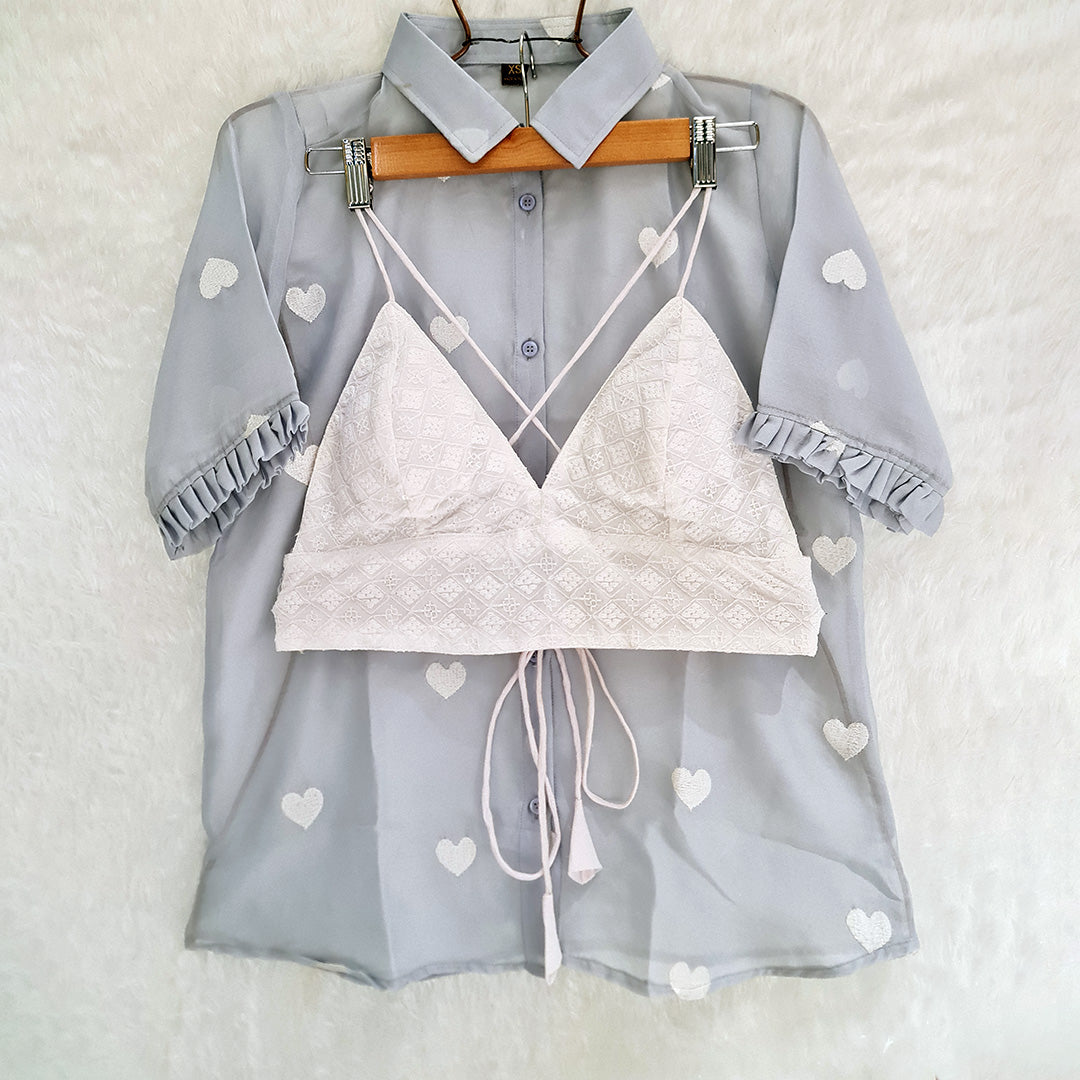 Light Grey Heart Embroidery Chiffon Shirt & White Chikan Bra Combo