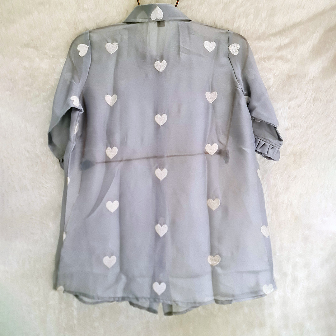 Light Grey Heart Embroidery Chiffon Shirt & White Chikan Bra Combo