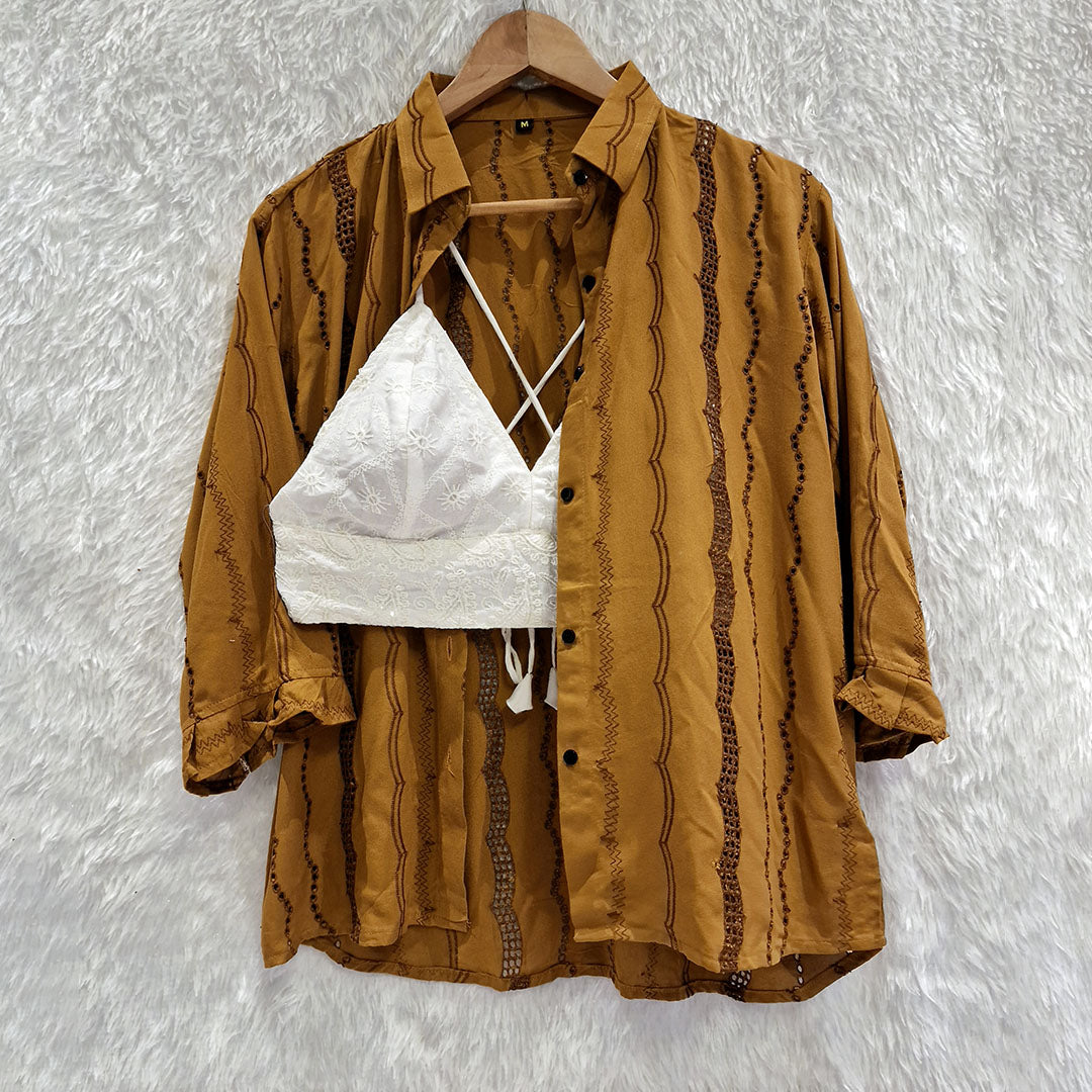 Combo of Orange Gold Hakoba Shirt and Biege Chikan Cotton Bra