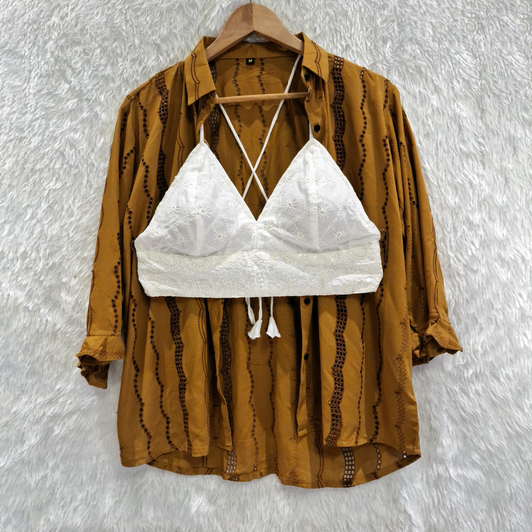 Combo of Orange Gold Hakoba Shirt and Biege Chikan Cotton Bra