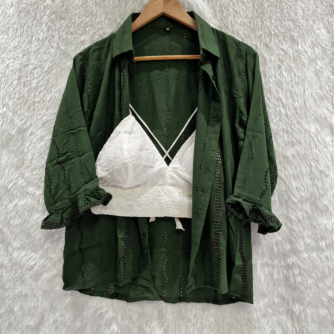 Dark Green Hakoba Shirt & Biege Chikan Bra Combo