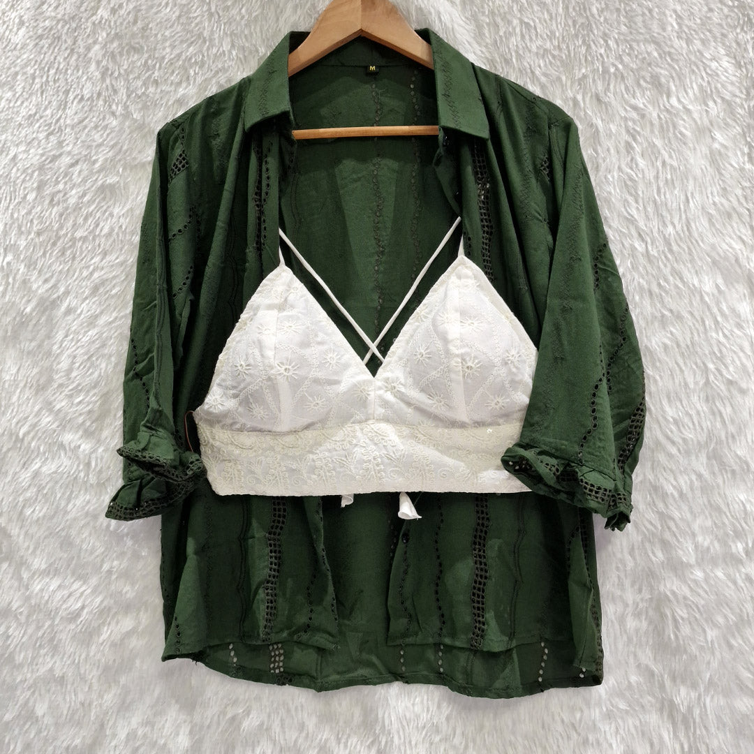 Dark Green Hakoba Shirt & Biege Chikan Bra Combo