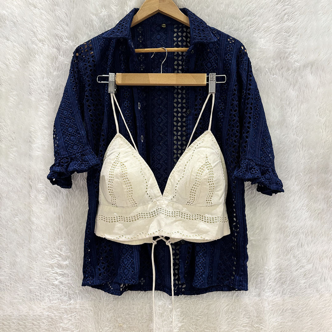 Combo of Navy Blue Hakoba Shirt and White Hakoba Cotton Bra