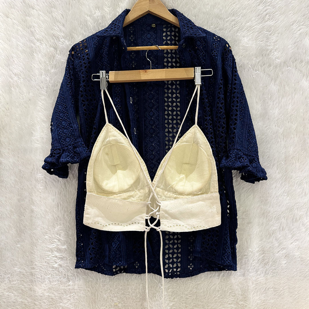 Combo of Navy Blue Hakoba Shirt and White Hakoba Cotton Bra