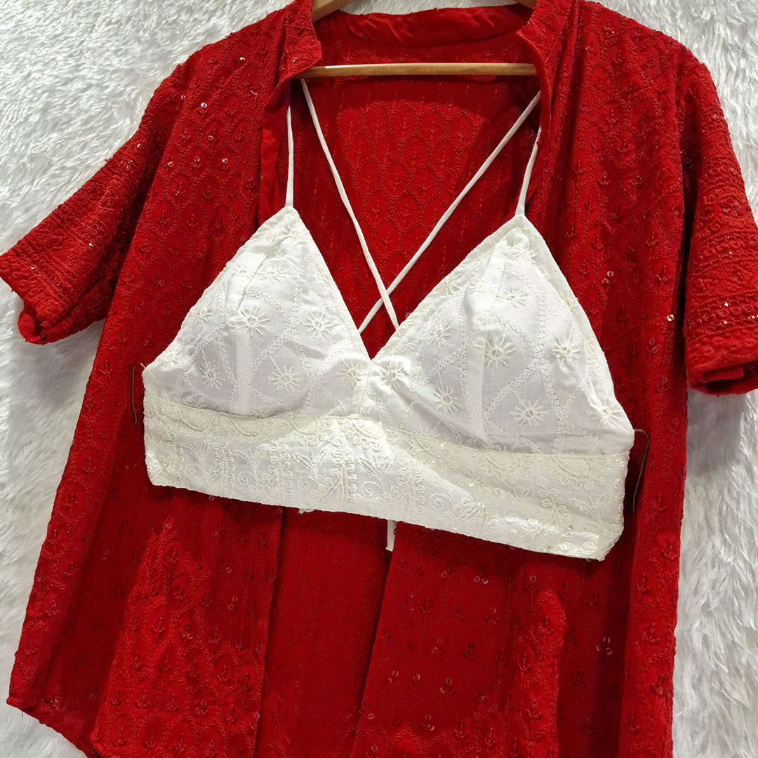 Maroon Chikankari Shirt & White Chikan Bra Combo