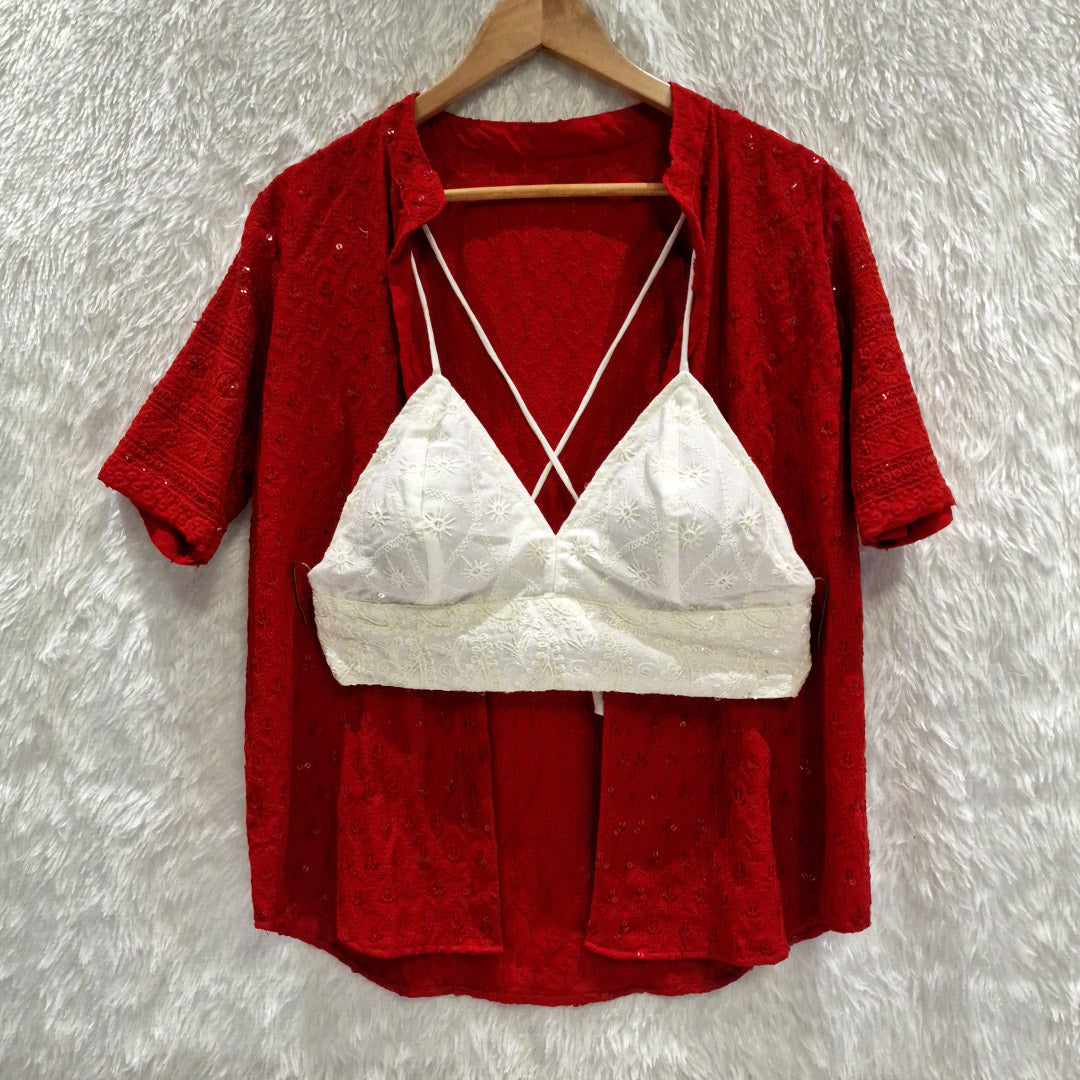 Maroon Chikankari Shirt & White Chikan Bra Combo