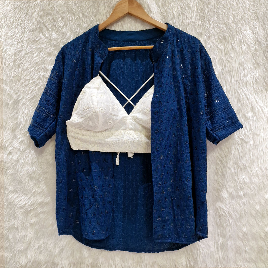 Teal Blue Chikankari Cotton Shirt & White Chikan Bra Combo