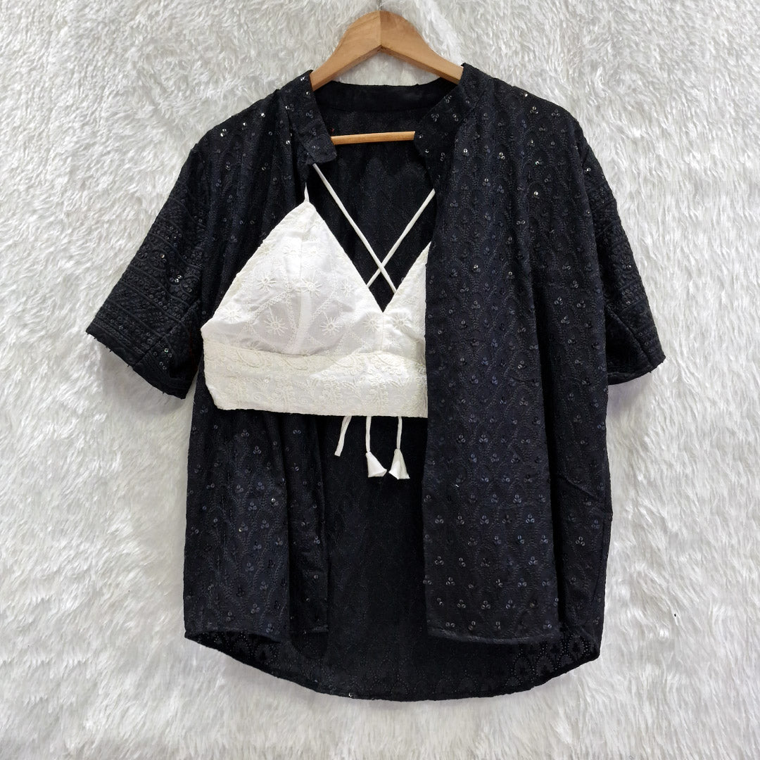 Black Chikankari Cotton Shirt & White Chikan Bra Combo