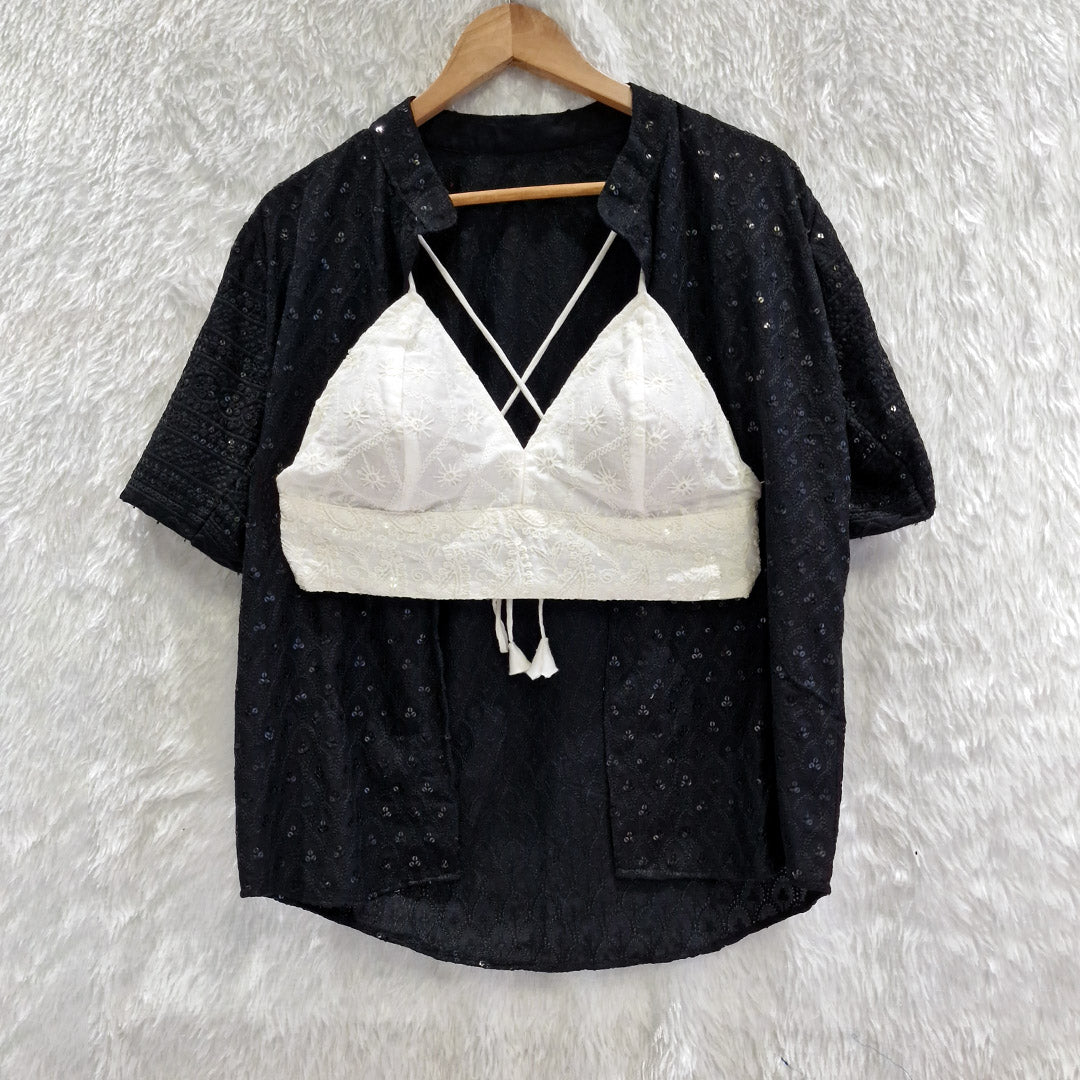 Black Chikankari Cotton Shirt & White Chikan Bra Combo