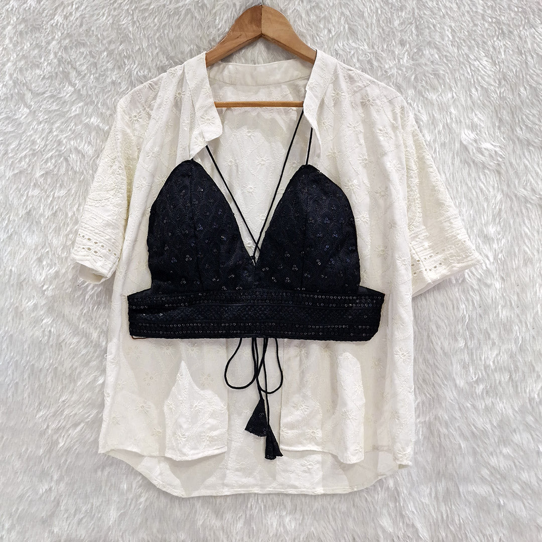 Off White Chikankari Cotton Shirt & Black Chikan Bra Combo