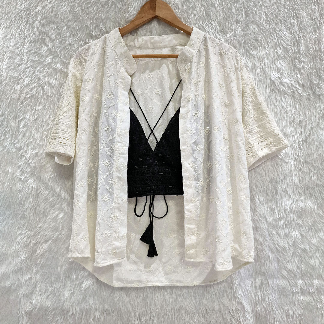 Off White Chikankari Cotton Shirt & Black Chikan Bra Combo