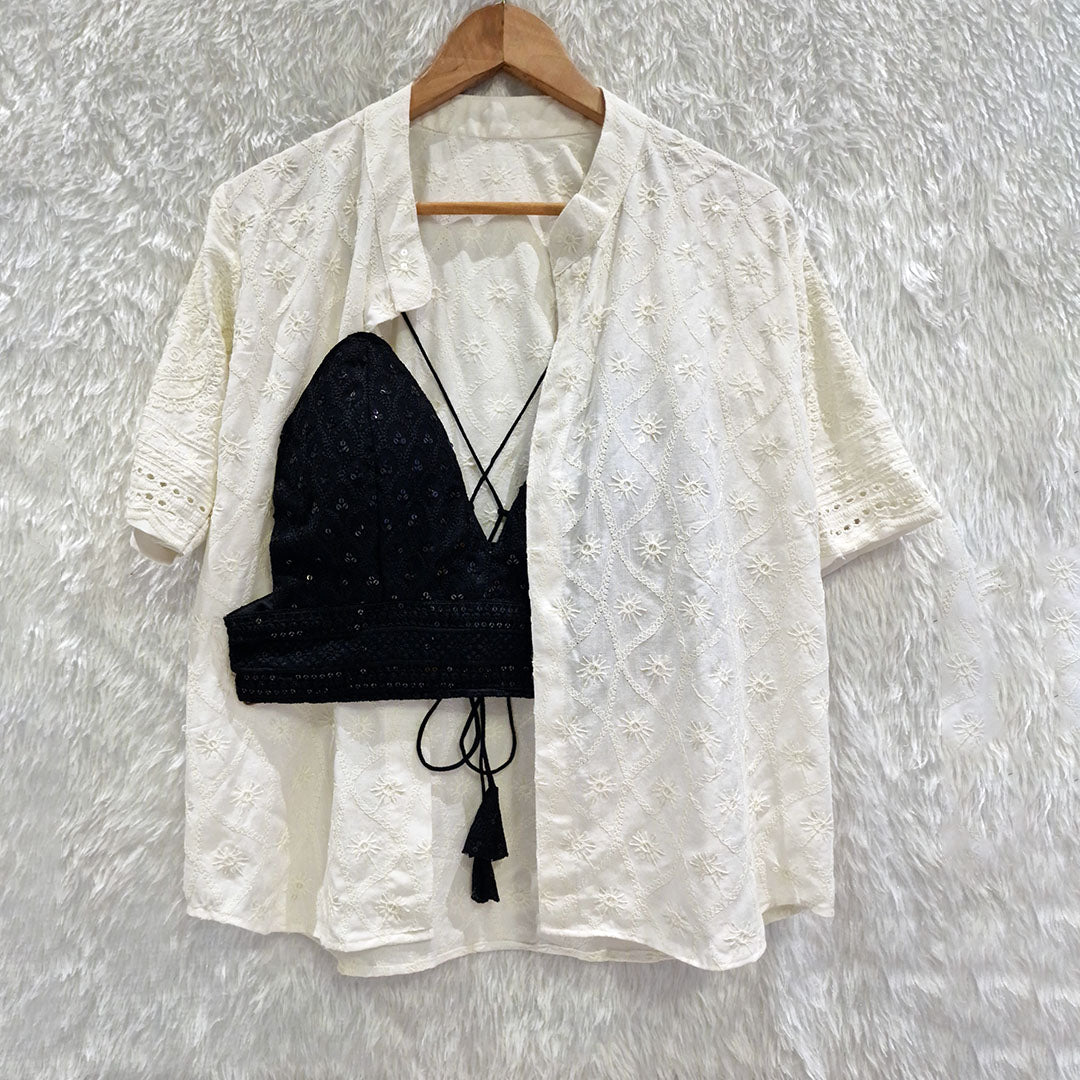 Off White Chikankari Cotton Shirt & Black Chikan Bra Combo