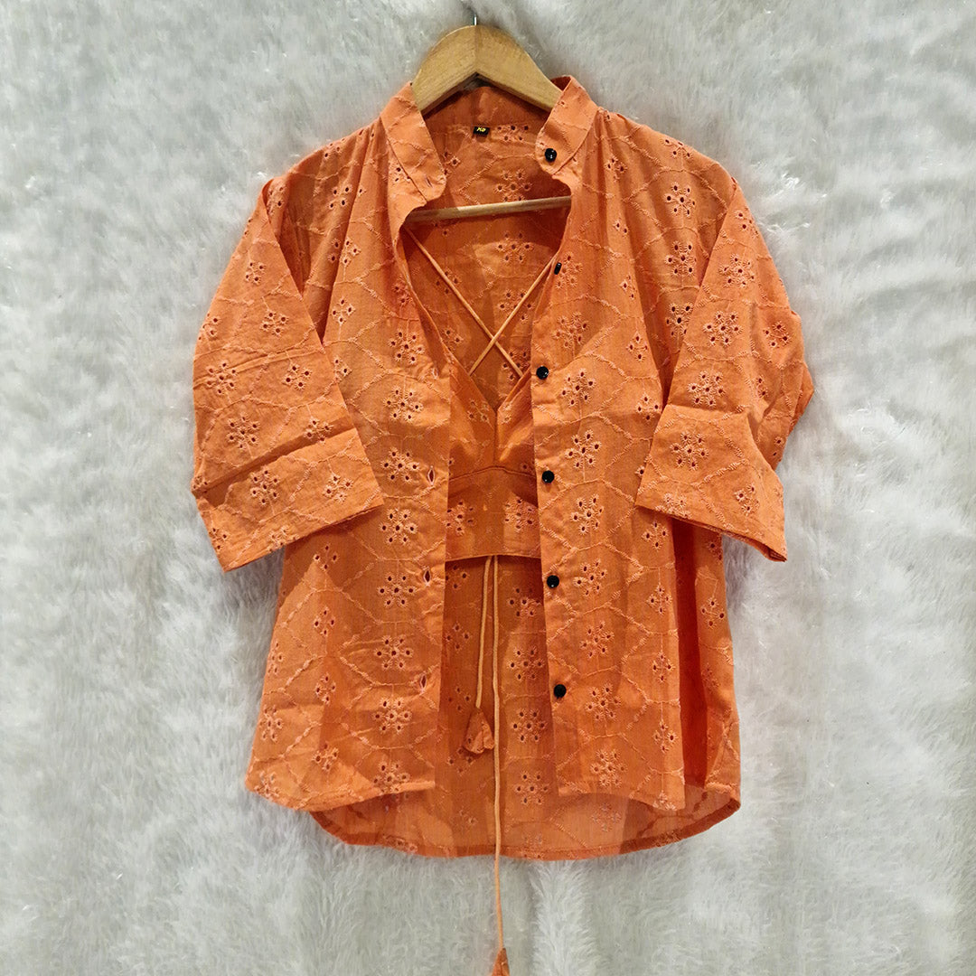 Pure Mull Cotton Orange Hakoba Shirt and White Hakoba Cotton Bra