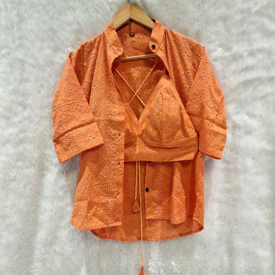 Pure Mull Cotton Orange Hakoba Shirt and White Hakoba Cotton Bra