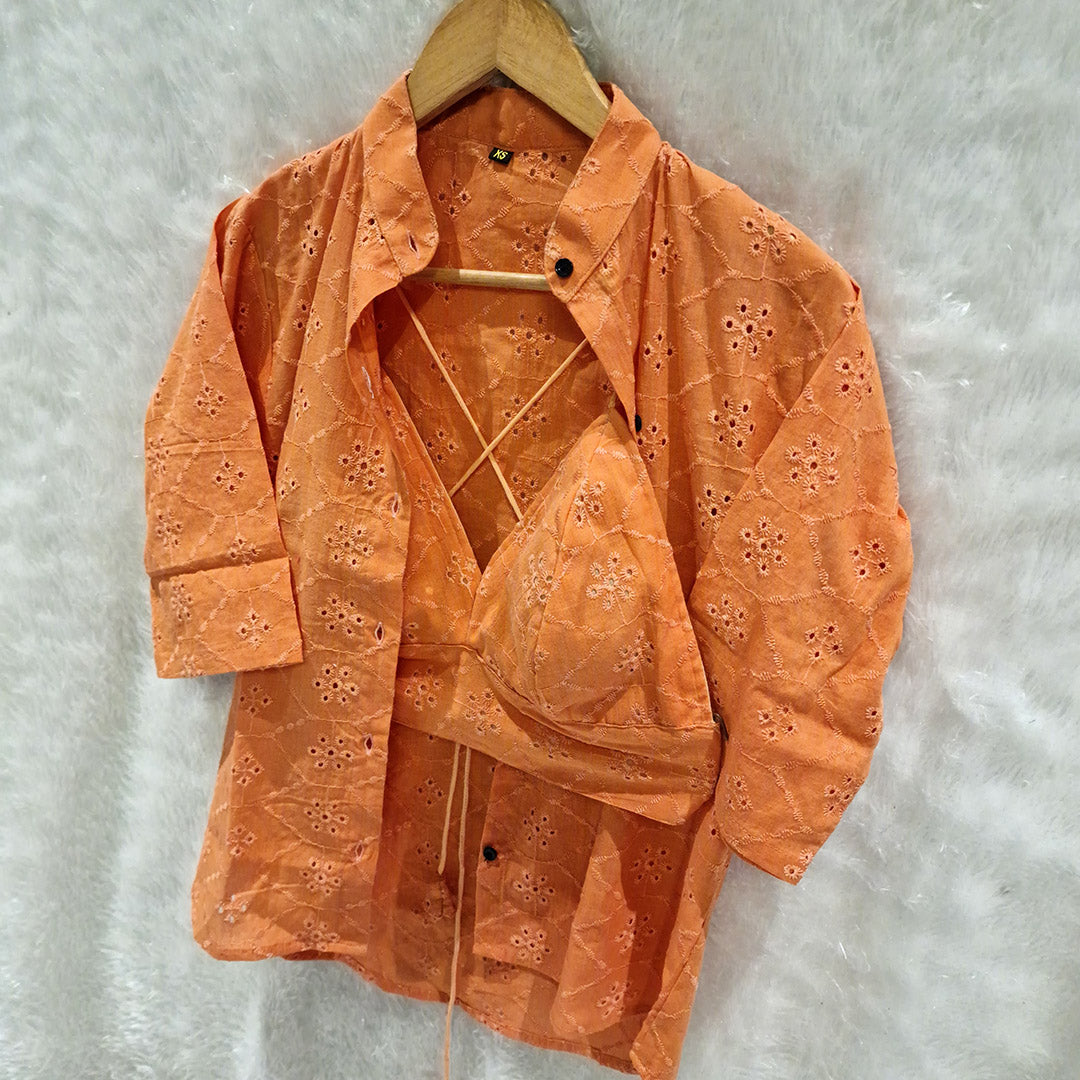 Pure Mull Cotton Orange Hakoba Shirt and White Hakoba Cotton Bra