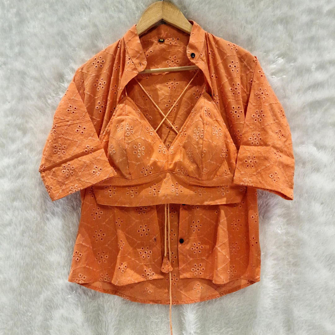 Pure Mull Cotton Orange Hakoba Shirt and White Hakoba Cotton Bra