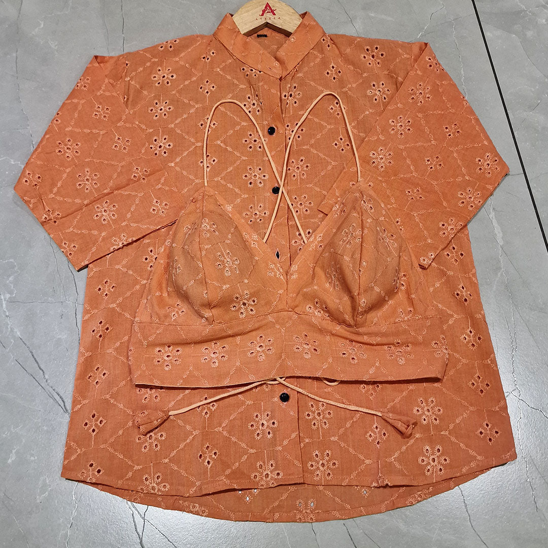 Pure Mull Cotton Orange Hakoba Shirt and White Hakoba Cotton Bra