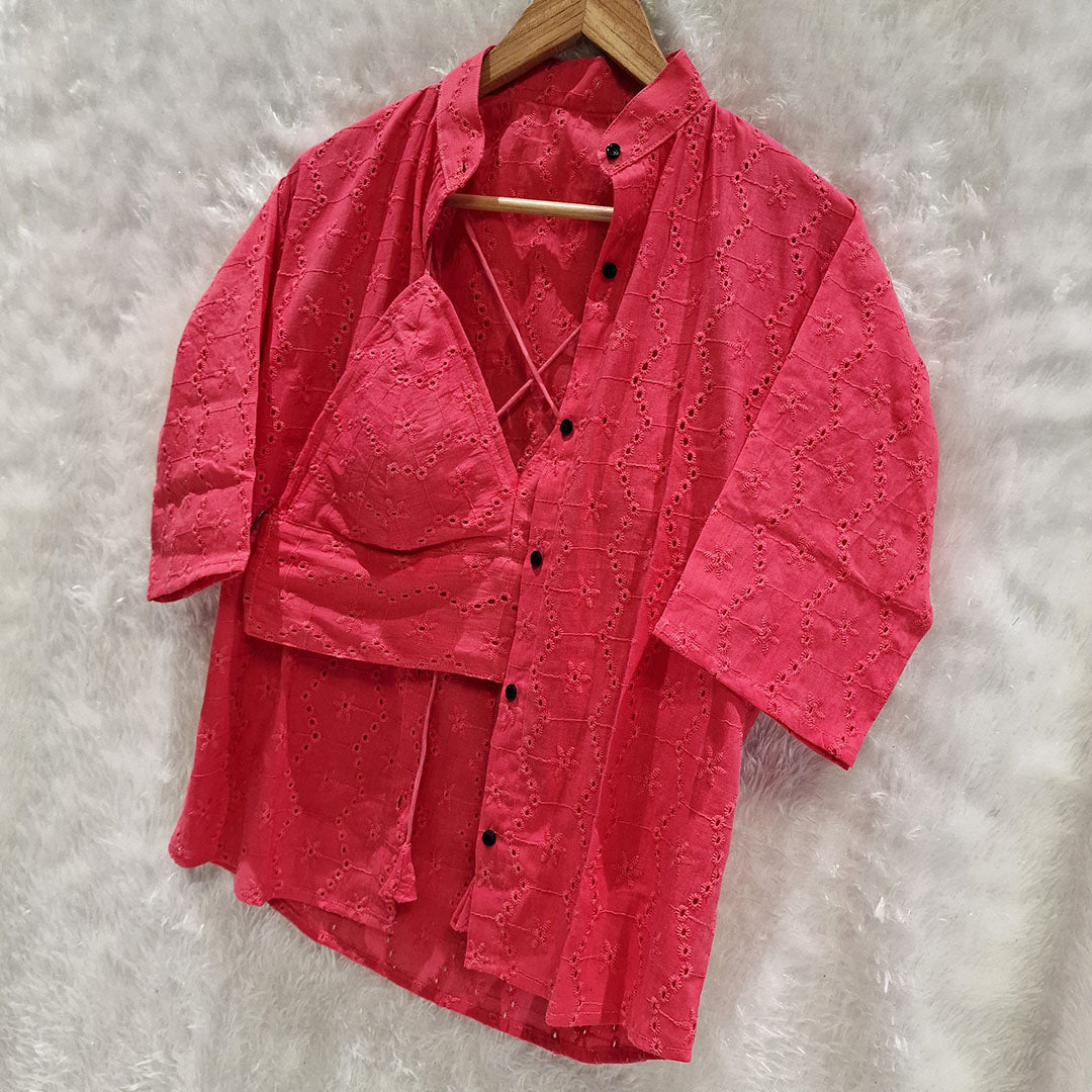 Barbie Pink Mull Cotton Hakoba Shirt and Cotton Bra Combo