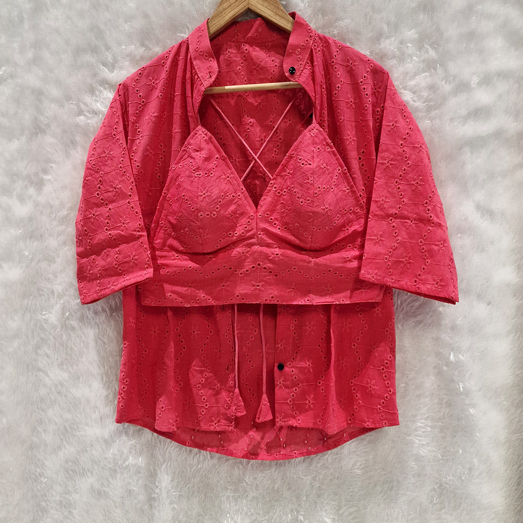 Barbie Pink Mull Cotton Hakoba Shirt and Cotton Bra Combo