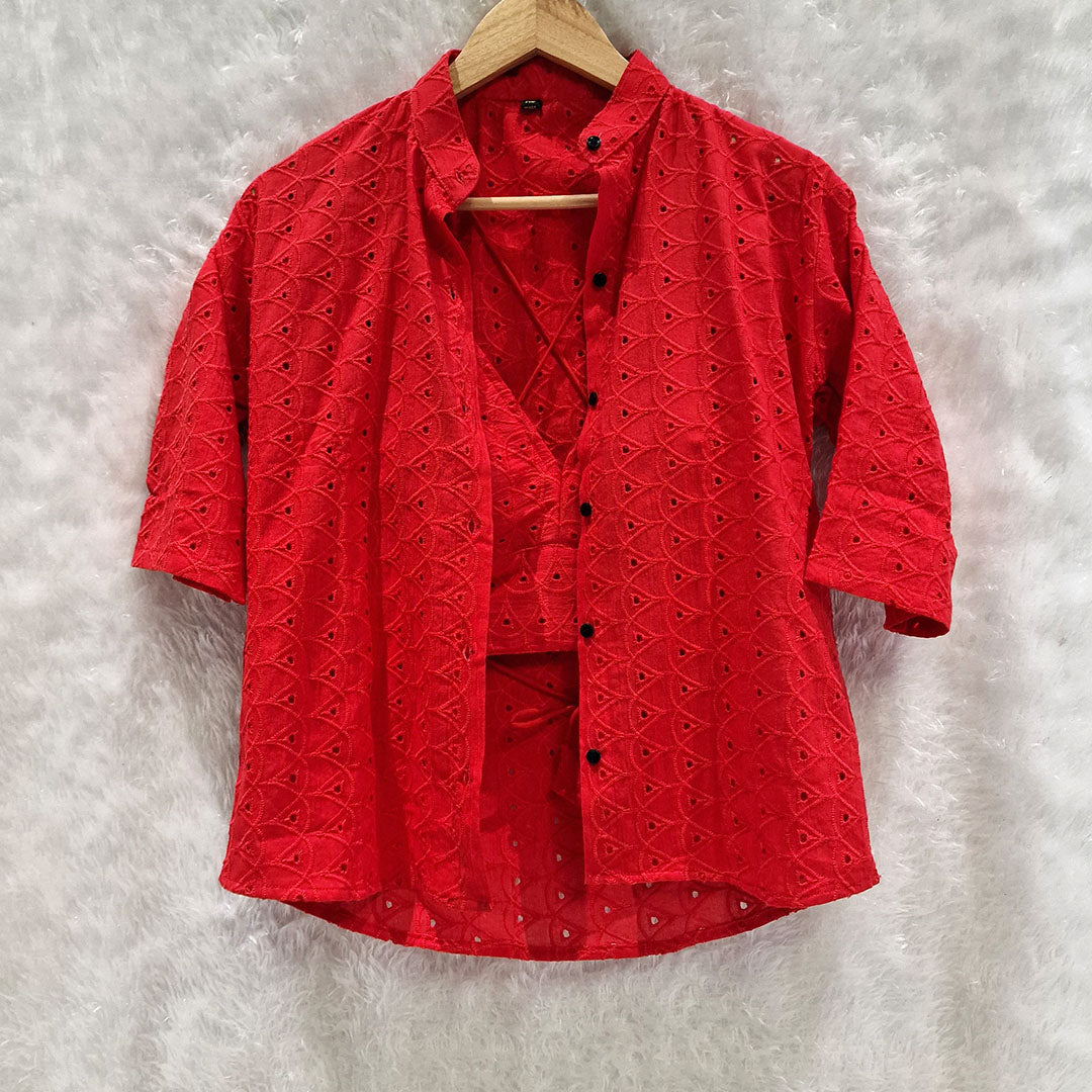 Tomato Red Hakoba Cotton Shirt and Hakoba Cotton Bra Combo