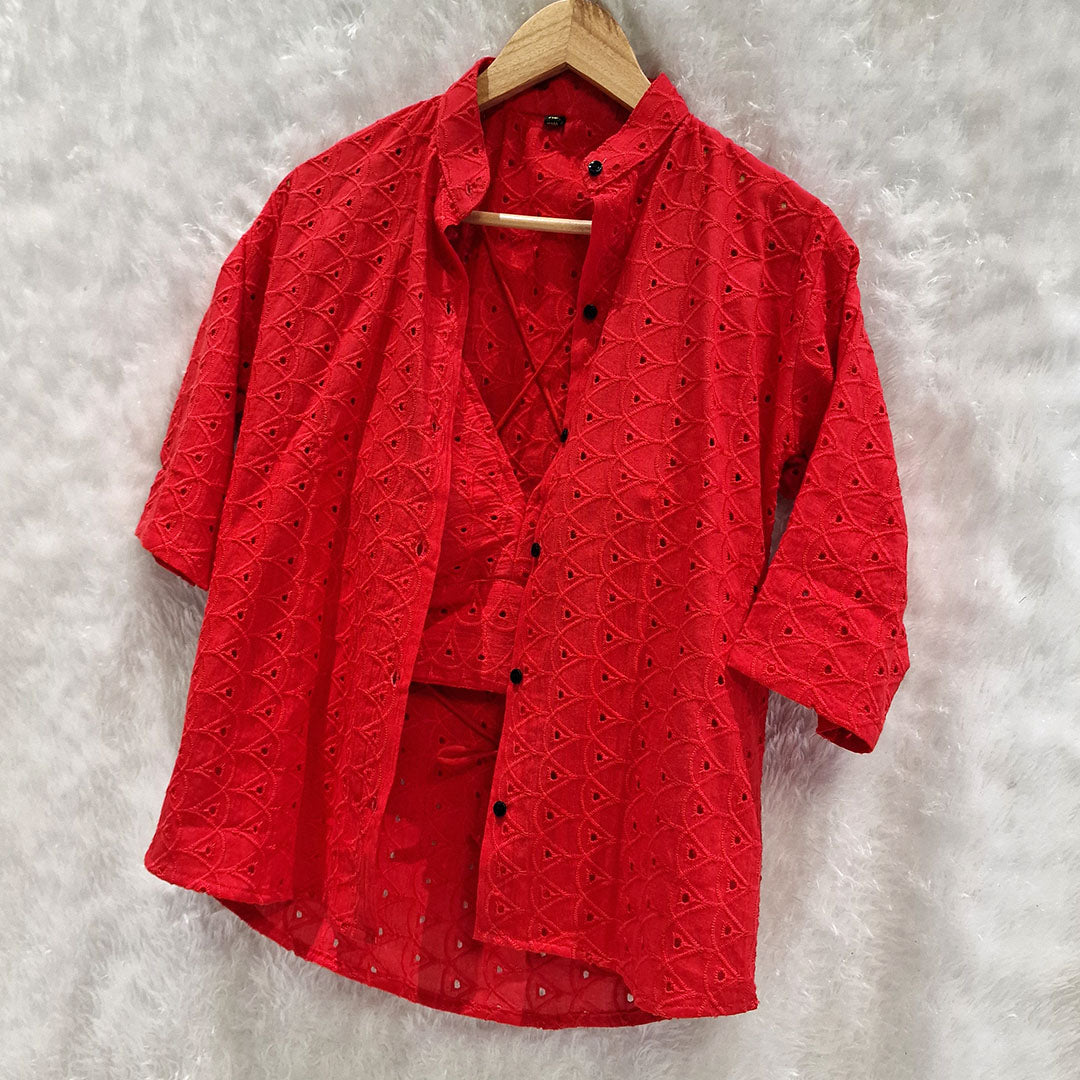 Tomato Red Hakoba Cotton Shirt and Hakoba Cotton Bra Combo