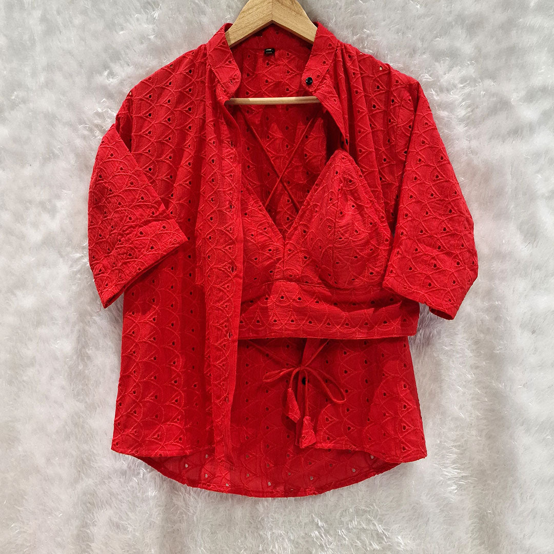 Tomato Red Hakoba Cotton Shirt and Hakoba Cotton Bra Combo