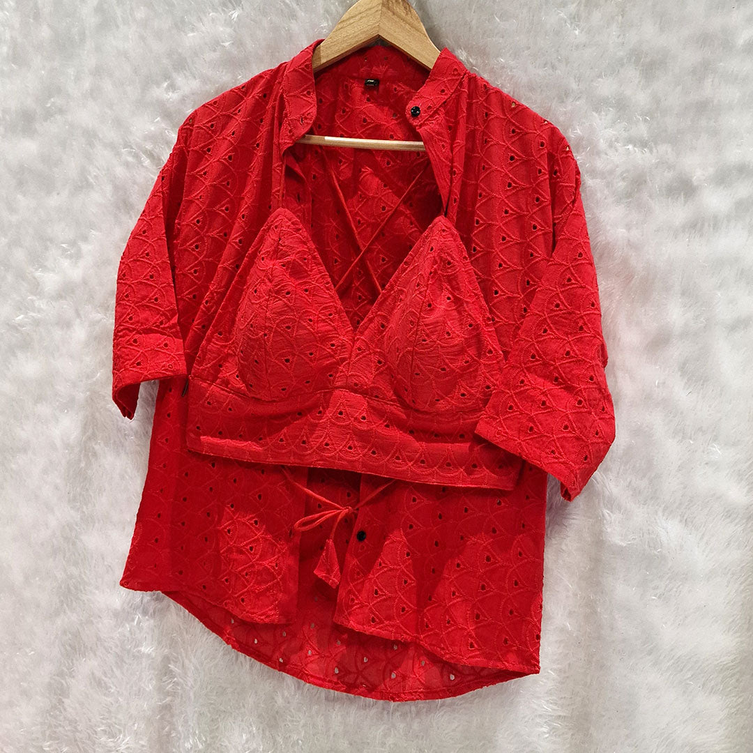 Tomato Red Hakoba Cotton Shirt and Hakoba Cotton Bra Combo