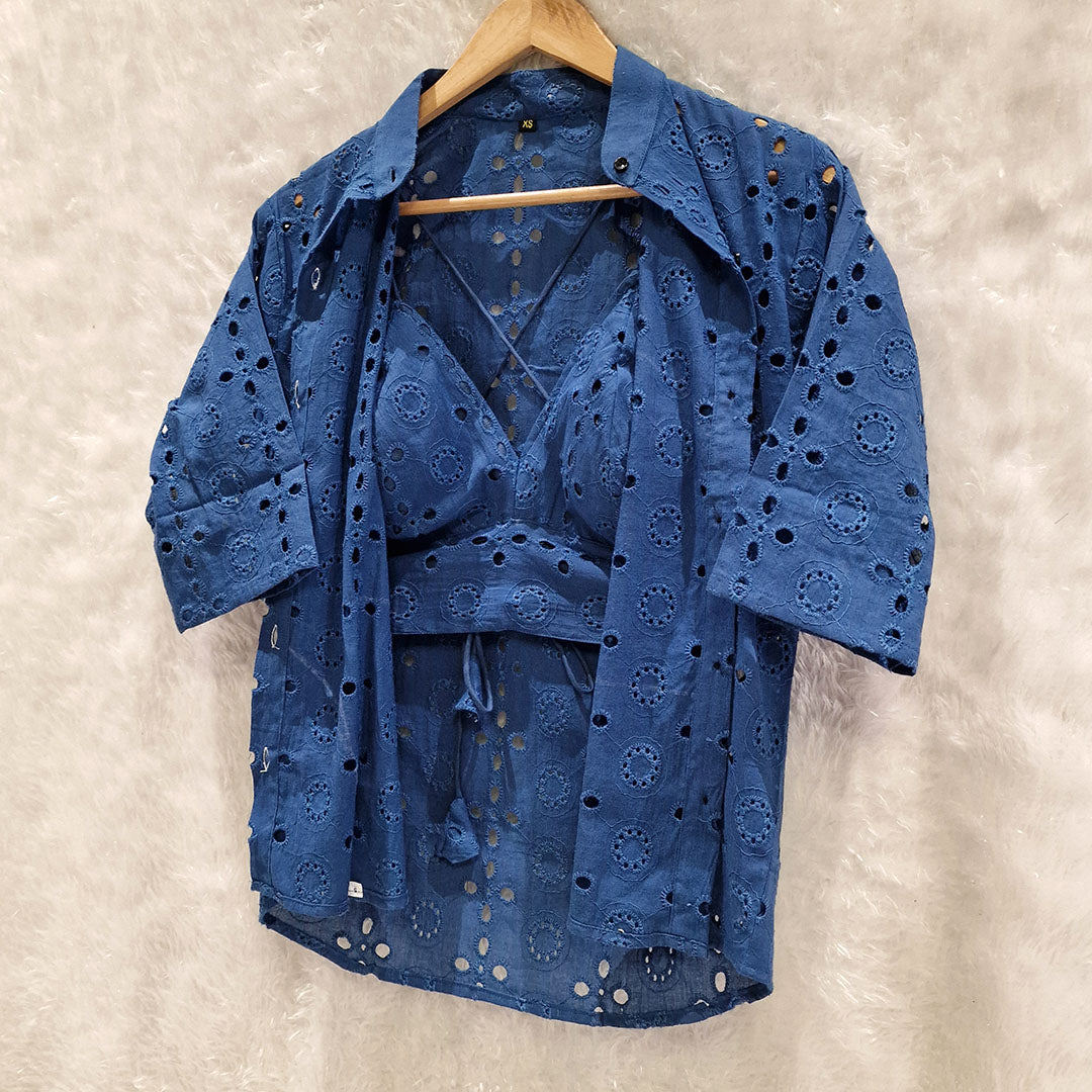 Combo of Cotton Blue Hakoba Shirt and Hakoba Cotton Bra