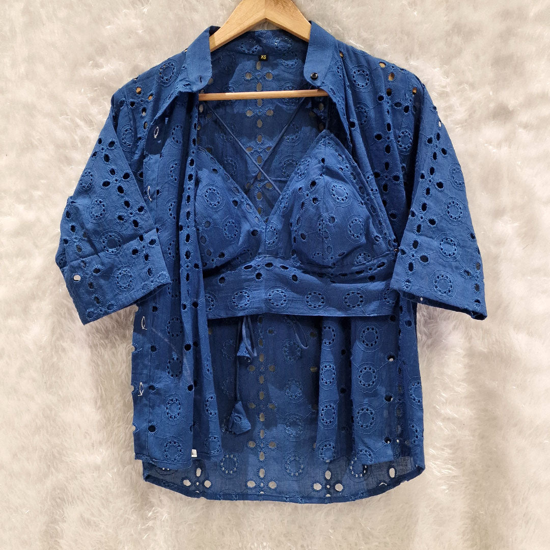 Combo of Cotton Blue Hakoba Shirt and Hakoba Cotton Bra