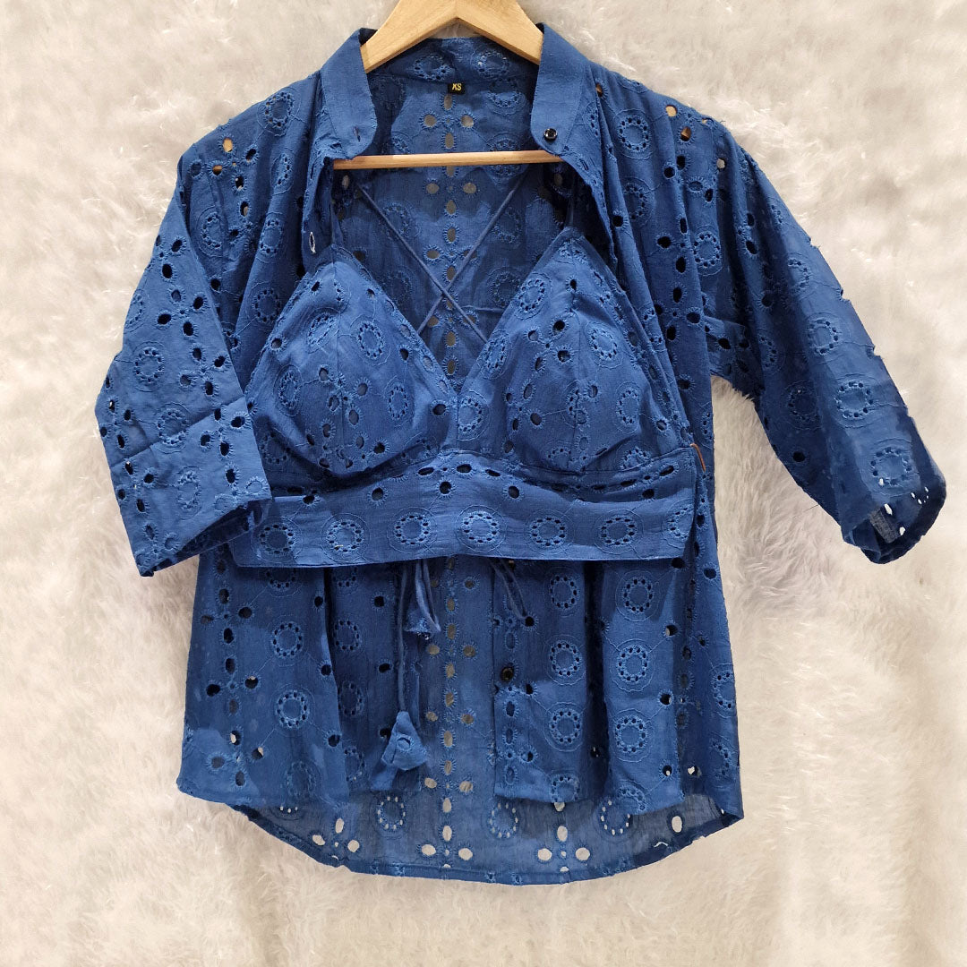 Combo of Cotton Blue Hakoba Shirt and Hakoba Cotton Bra