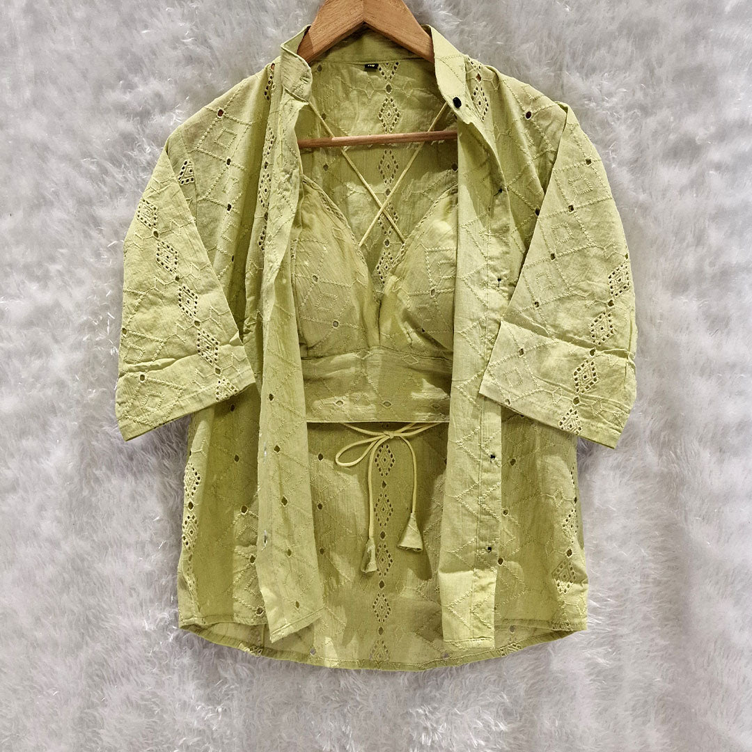 Pista Green Mull Coton Hakoba Shirt and Hakoba Cotton Bra Combo