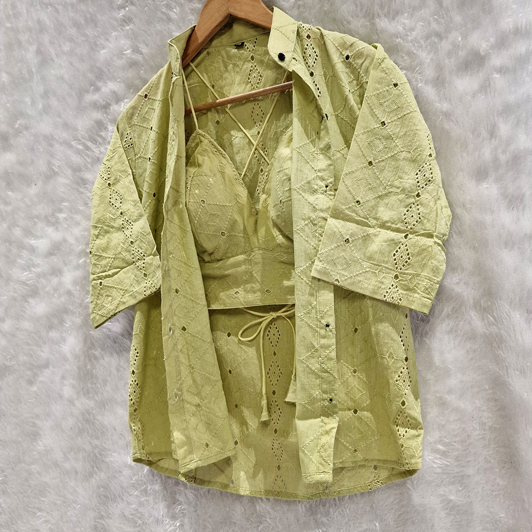 Pista Green Mull Coton Hakoba Shirt and Hakoba Cotton Bra Combo