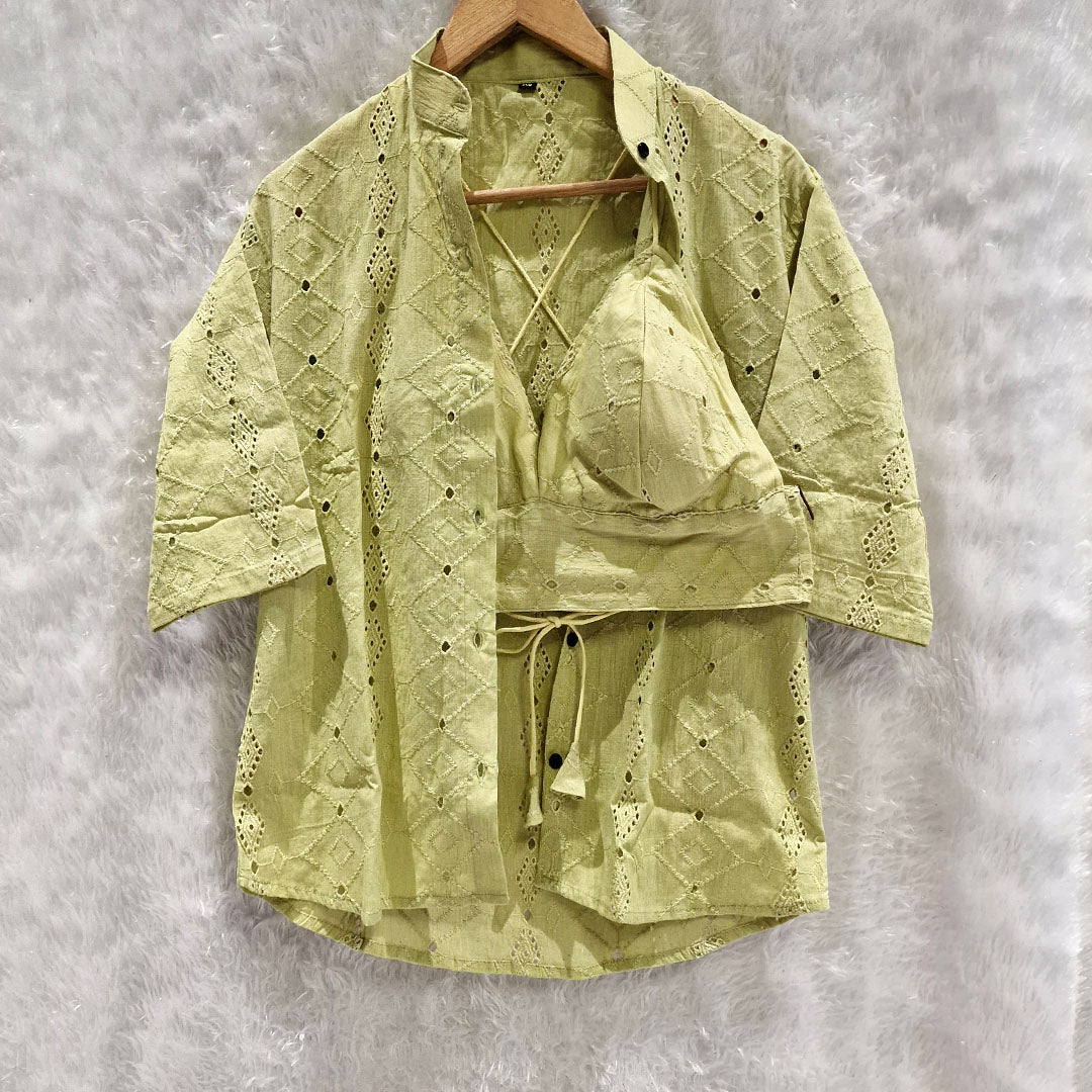 Pista Green Mull Coton Hakoba Shirt and Hakoba Cotton Bra Combo