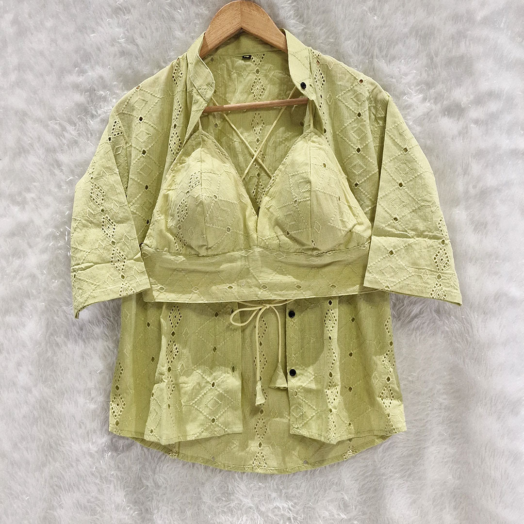 Pista Green Mull Coton Hakoba Shirt and Hakoba Cotton Bra Combo