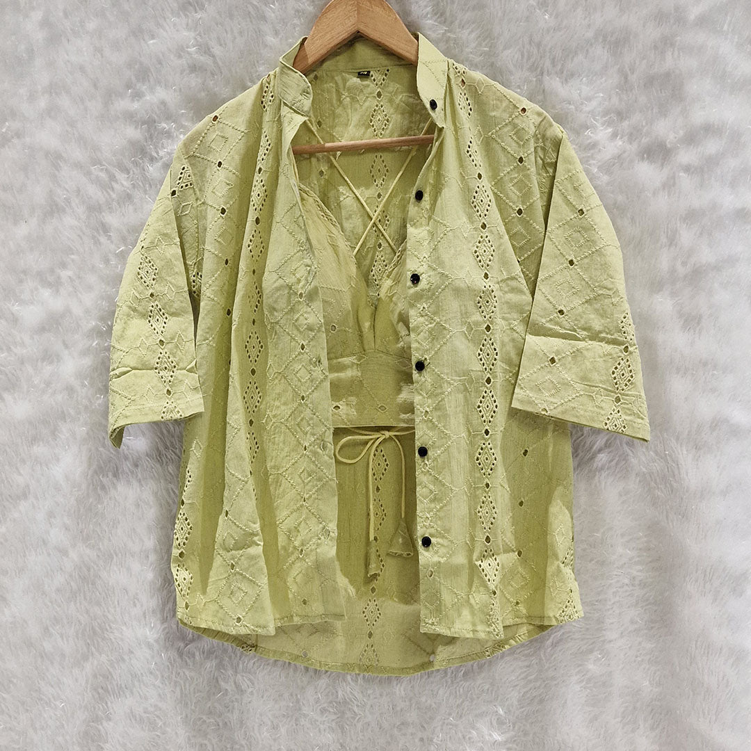 Pista Green Mull Coton Hakoba Shirt and Hakoba Cotton Bra Combo