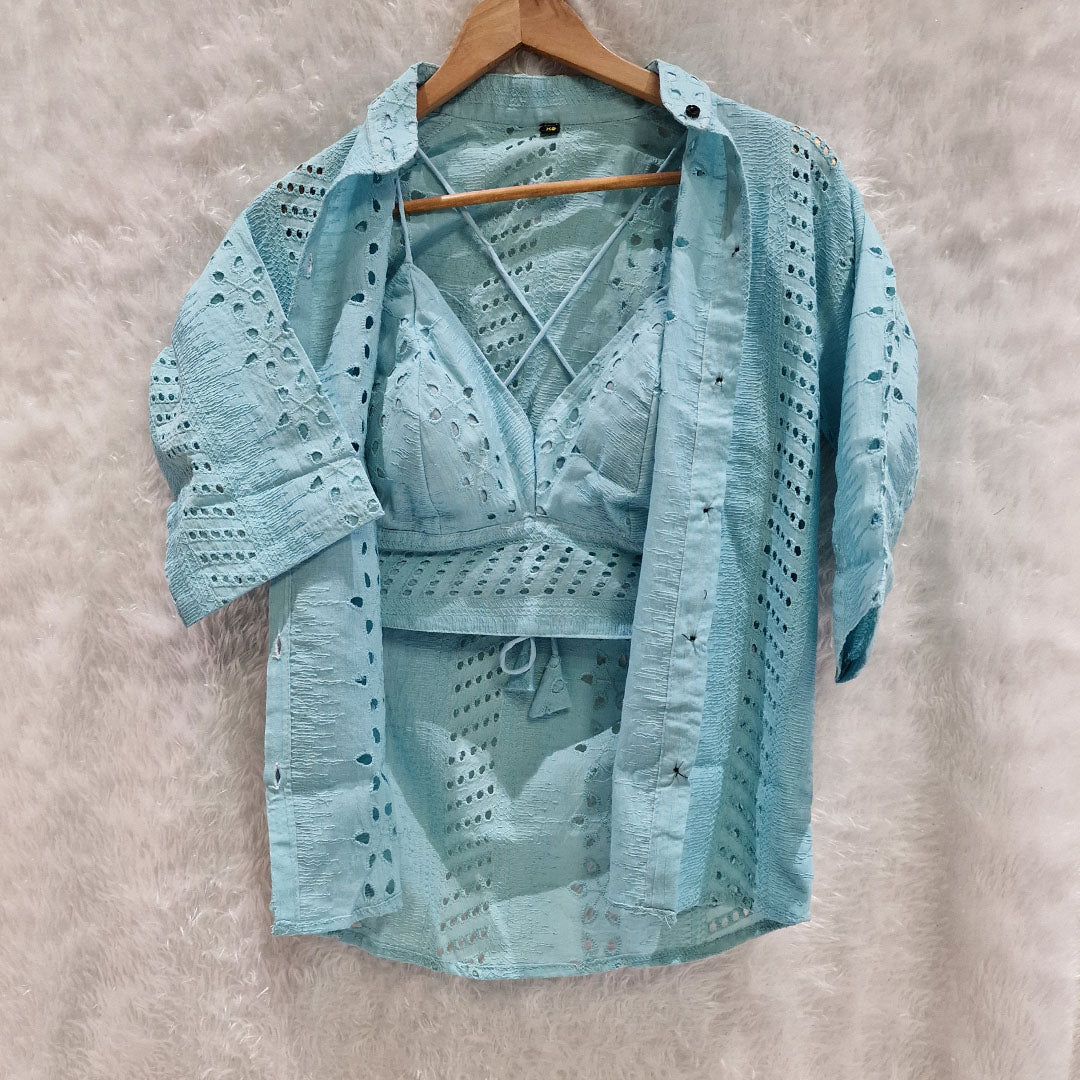 Combo of Aqua Blue Hakoba Shirt and Hakoba Cotton Bra