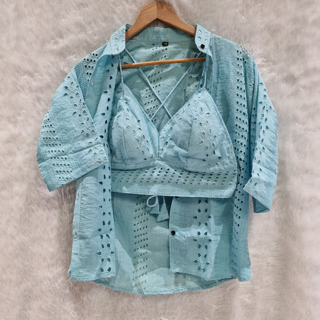 Combo of Aqua Blue Hakoba Shirt and Hakoba Cotton Bra