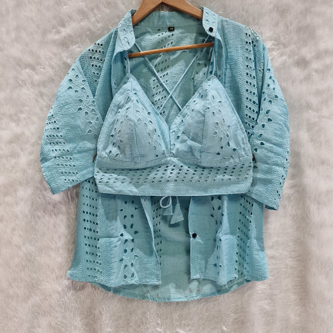 Combo of Aqua Blue Hakoba Shirt and Hakoba Cotton Bra