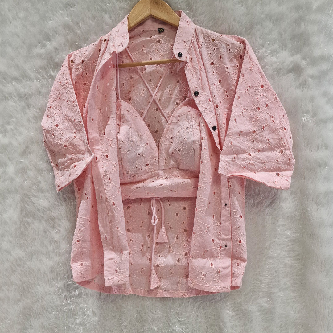 Baby Pink Mull Cotton Hakoba Shirt and Cotton Bra Combo