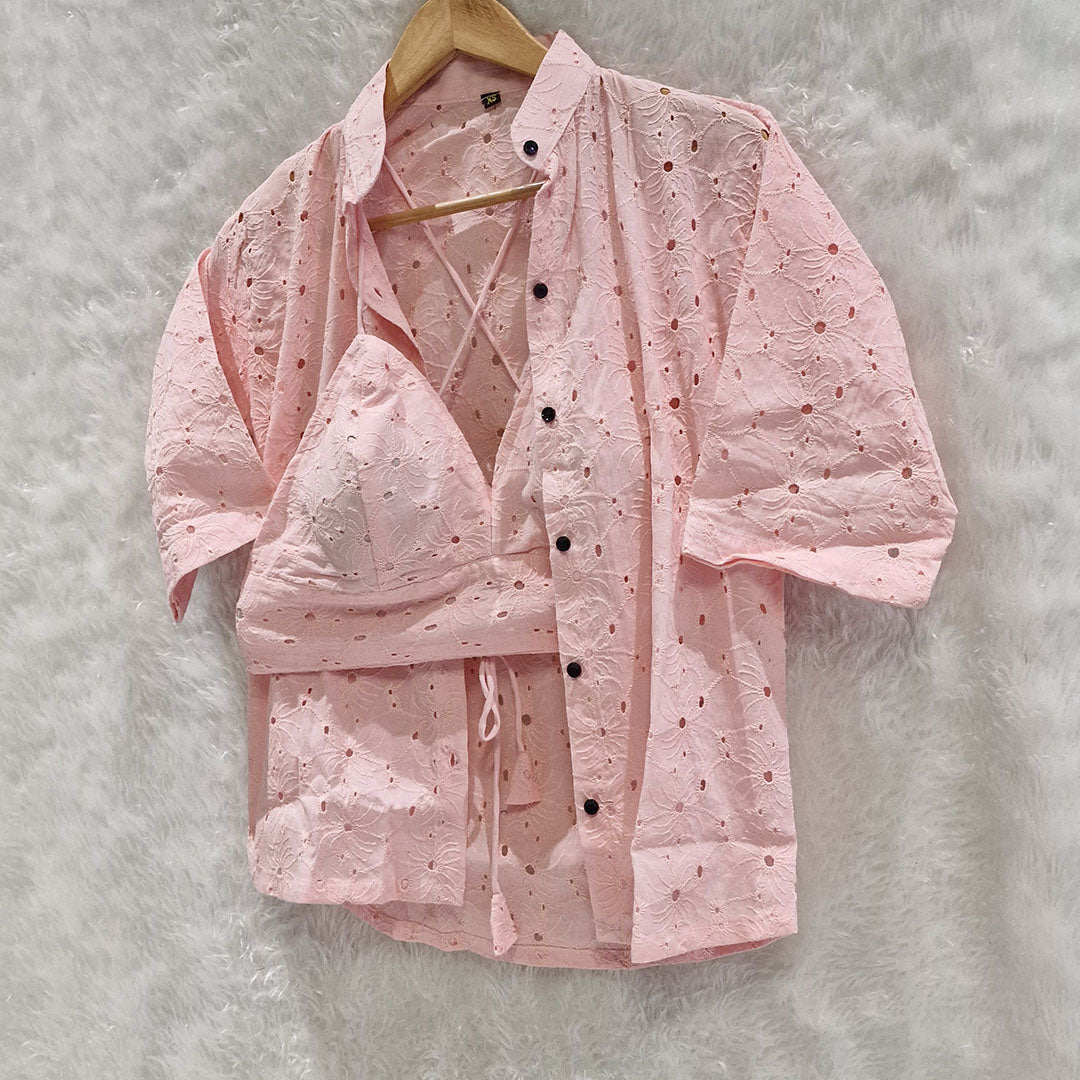 Baby Pink Mull Cotton Hakoba Shirt and Cotton Bra Combo